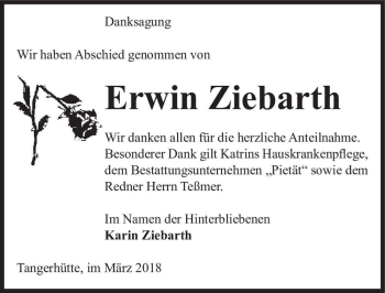 Traueranzeige von Erwin Ziebarth  von Magdeburger Volksstimme
