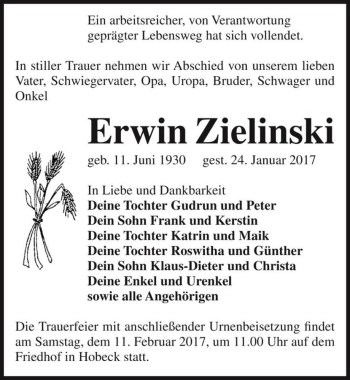 Traueranzeige von Erwin Zielinski  von Magdeburger Volksstimme