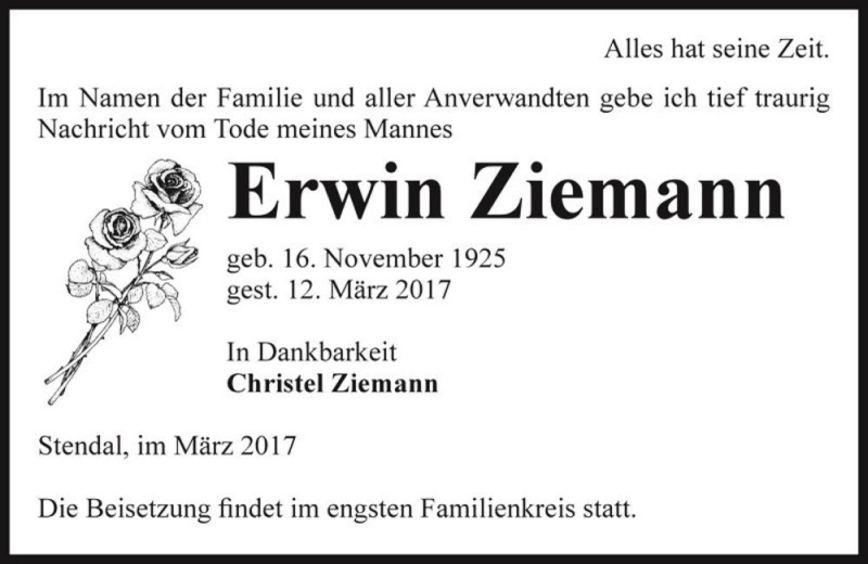  Traueranzeige für Erwin Ziemann  vom 18.03.2017 aus Magdeburger Volksstimme