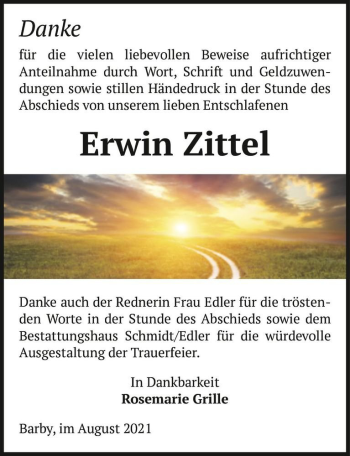 Traueranzeige von Erwin Zittel  von Magdeburger Volksstimme