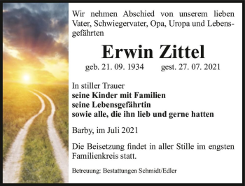 Traueranzeige von Erwin Zittel  von Magdeburger Volksstimme