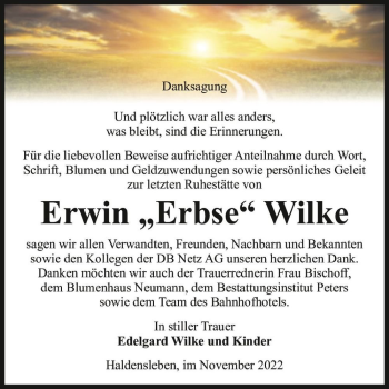 Traueranzeige von Erwin “Erbse“ Wilke  von Magdeburger Volksstimme