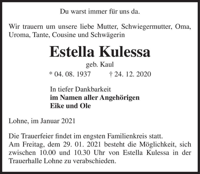  Traueranzeige für Estella Kulessa  vom 05.01.2021 aus Magdeburger Volksstimme
