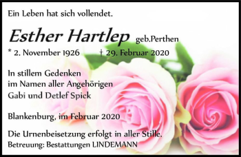 Traueranzeige von Esther Hartlep (geb. Perthen)  von Magdeburger Volksstimme