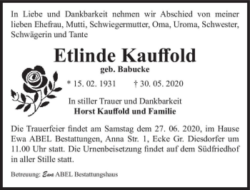 Traueranzeige von Etlinde Kauffold (geb. Babucke)  von Magdeburger Volksstimme