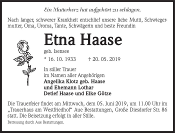 Traueranzeige von Etna Haase (geb. Isensee)  von Magdeburger Volksstimme