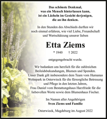 Traueranzeige von Etta Ziems  von Magdeburger Volksstimme