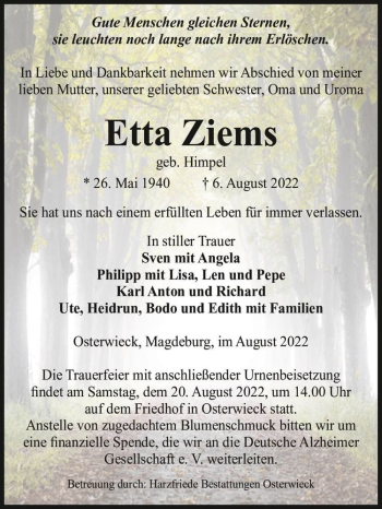 Traueranzeige von Etta Ziems (geb. Himpel)  von Magdeburger Volksstimme