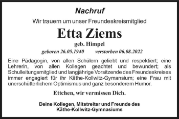 Traueranzeige von Etta Ziems (geb. Himpel)  von Magdeburger Volksstimme