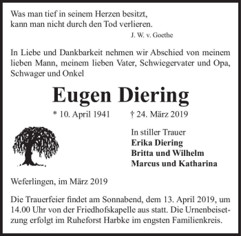 Traueranzeige von Eugen Diering  von Magdeburger Volksstimme