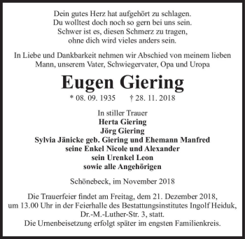Traueranzeige von Eugen Giering  von Magdeburger Volksstimme