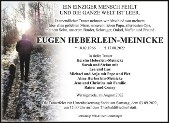 Traueranzeige von Eugen Heberlein-Meinicke  von Magdeburger Volksstimme
