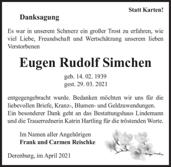 Traueranzeige von Eugen Rudolf Simchen  von Magdeburger Volksstimme