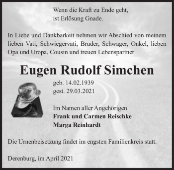 Traueranzeige von Eugen Rudolf Simchen  von Magdeburger Volksstimme