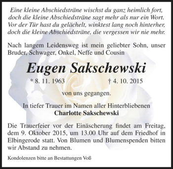 Traueranzeige von Eugen Sakschewski  von Magdeburger Volksstimme