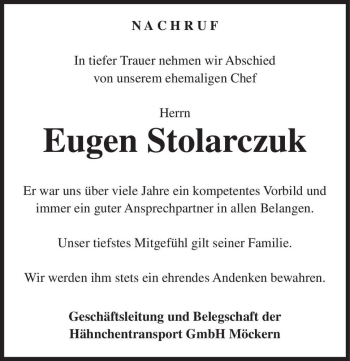 Traueranzeige von Eugen Stolarczuk  von Magdeburger Volksstimme