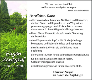 Traueranzeige von Eugen Zentgraf  von Magdeburger Volksstimme