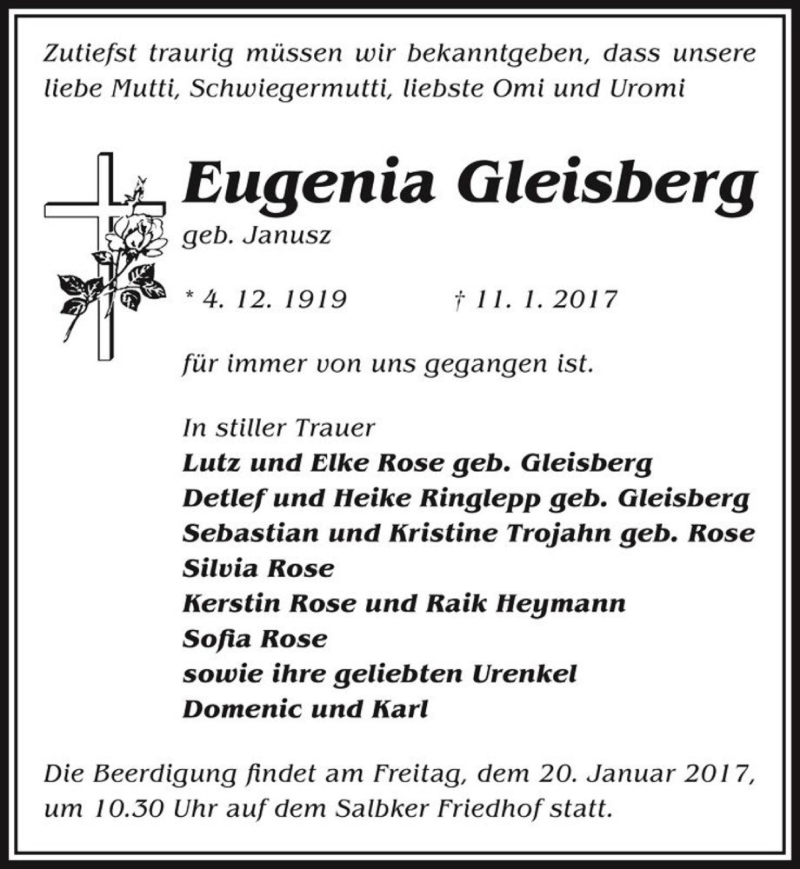  Traueranzeige für Eugenia Gleisberg (geb. Janusz)  vom 17.01.2017 aus Magdeburger Volksstimme