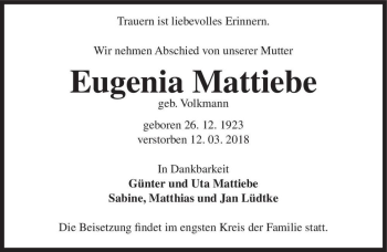 Traueranzeige von Eugenia Matthiebe (geb. Volkmann)  von Magdeburger Volksstimme