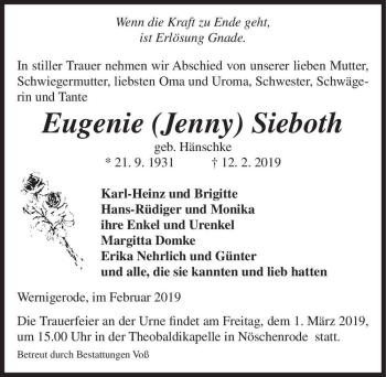 Traueranzeige von Eugenie (Jenny) Sieboth (geb. Hänschke)  von Magdeburger Volksstimme