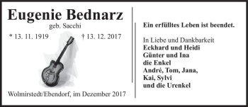 Traueranzeige von Eugenie Bednarz (geb. Sacchi)  von Magdeburger Volksstimme