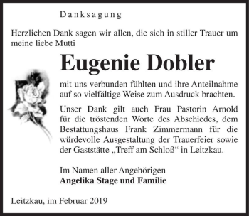 Traueranzeige von Eugenie Dobler  von Magdeburger Volksstimme