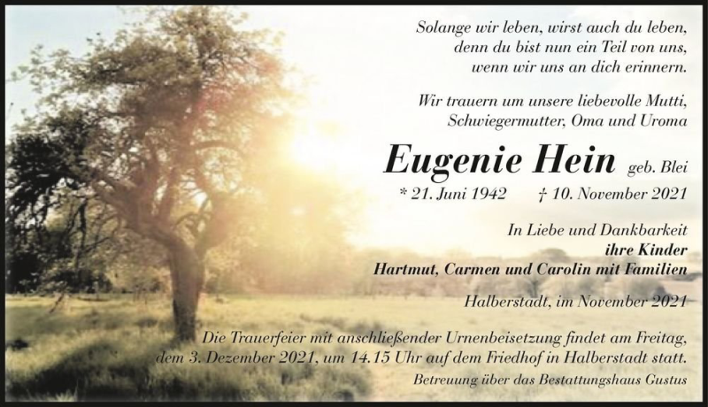  Traueranzeige für Eugenie Hein (geb. Blei)  vom 13.11.2021 aus Magdeburger Volksstimme