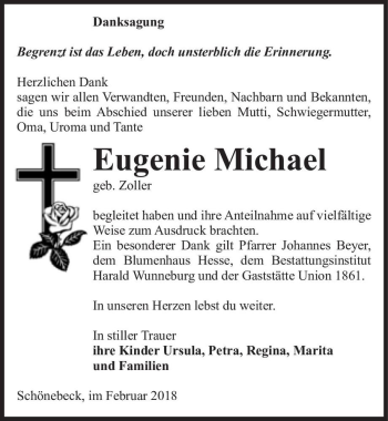 Traueranzeige von Eugenie Michael (geb. Zoller)  von Magdeburger Volksstimme