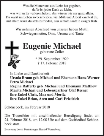 Traueranzeige von Eugenie Michael (geb. Zoller)  von Magdeburger Volksstimme