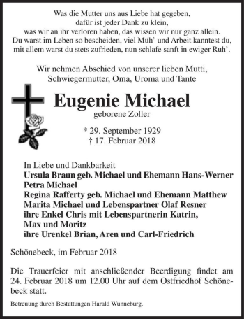 Traueranzeige von Eugenie Michael (geb. Zoller)  von Magdeburger Volksstimme
