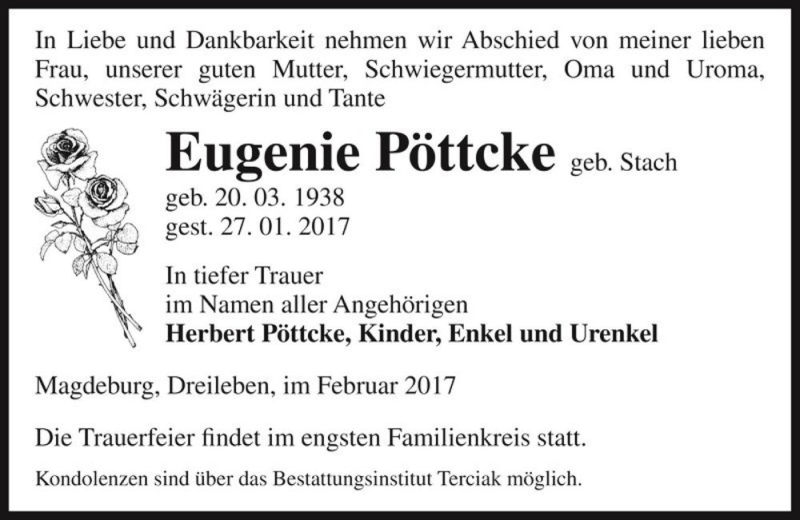  Traueranzeige für Eugenie Pöttcke (geb. Stach)  vom 11.02.2017 aus Magdeburger Volksstimme