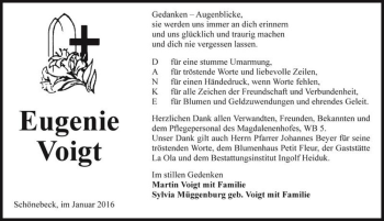 Traueranzeige von Eugenie Voigt  von Magdeburger Volksstimme