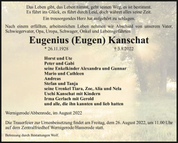 Traueranzeige von Eugenius (Eugen) Kanschat  von Magdeburger Volksstimme