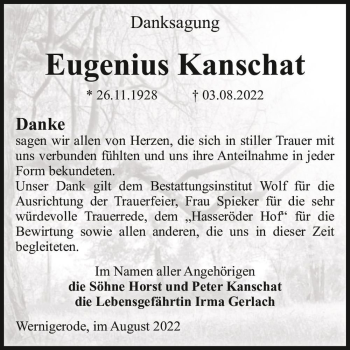 Traueranzeige von Eugenius Kanschat  von Magdeburger Volksstimme