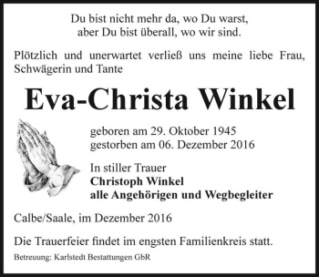 Traueranzeige von Eva-Christa Winkel  von Magdeburger Volksstimme