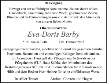 Traueranzeige von Eva-Doris Barby  von Magdeburger Volksstimme