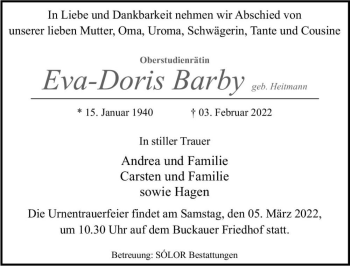 Traueranzeige von Eva-Doris Barby (geb. Heitmann)  von Magdeburger Volksstimme