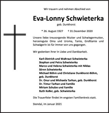 Traueranzeige von Eva-Lonny Schwieterka (geb. Dunkhorst)  von Magdeburger Volksstimme