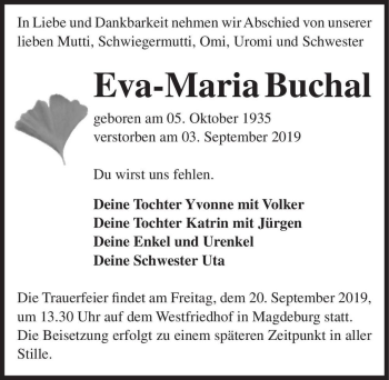 Traueranzeige von Eva-Maria Buchal  von Magdeburger Volksstimme