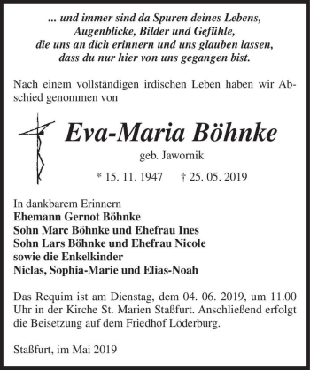 Traueranzeige von Eva-Maria Böhnke (geb. Jawornik)  von Magdeburger Volksstimme