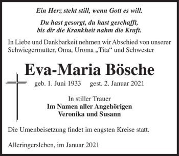 Traueranzeige von Eva-Maria Bösche  von Magdeburger Volksstimme