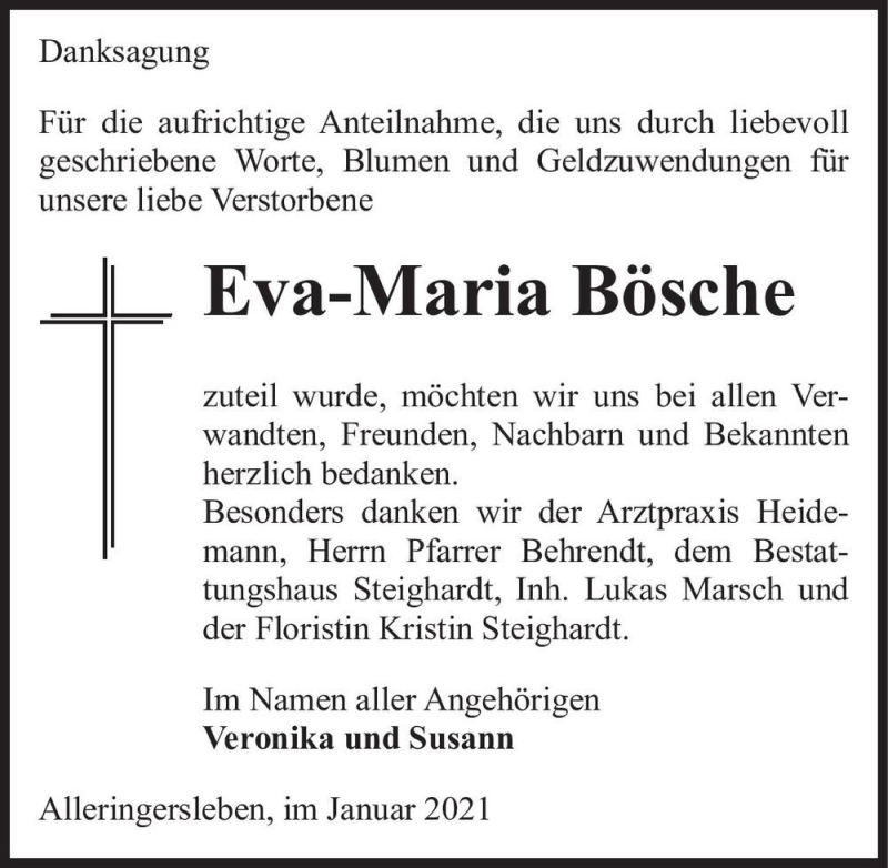  Traueranzeige für Eva-Maria Bösche  vom 30.01.2021 aus Magdeburger Volksstimme