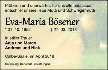 Traueranzeige von Eva-Maria Bösener  von Magdeburger Volksstimme