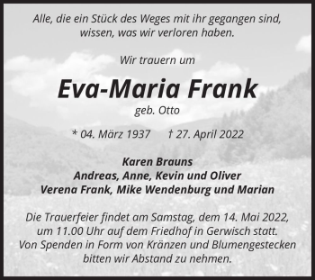 Traueranzeige von Eva-Maria Frank (geb. Otto)  von Magdeburger Volksstimme