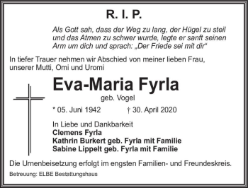 Traueranzeige von Eva-Maria Fyrla (geb. Vogel)  von Magdeburger Volksstimme
