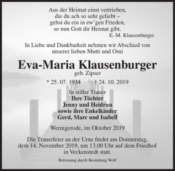 Traueranzeige von Eva-Maria Klausenburger (geb. Zipser)  von Magdeburger Volksstimme