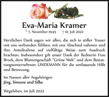 Traueranzeige von Eva-Maria Kramer  von Magdeburger Volksstimme
