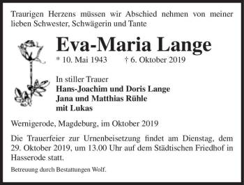 Traueranzeige von Eva-Maria Lange  von Magdeburger Volksstimme