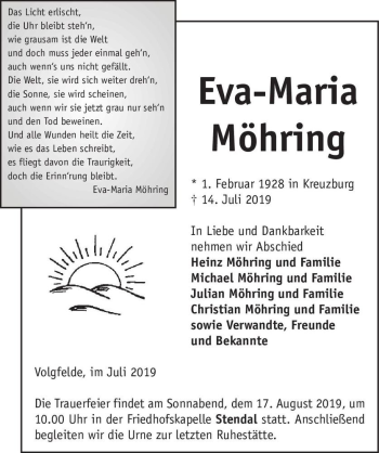 Traueranzeige von Eva-Maria Möhring  von Magdeburger Volksstimme
