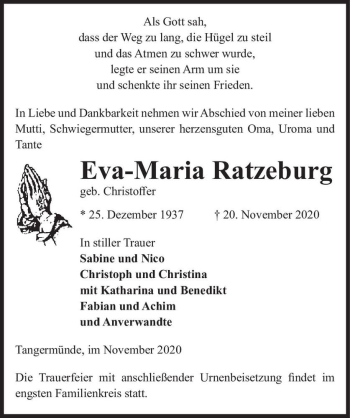 Traueranzeige von Eva-Maria Ratzeburg (geb. Christoffer)  von Magdeburger Volksstimme